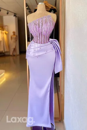 21761 - Strapless Beads Ruched Mermaid Formal Prom Dress with Slit