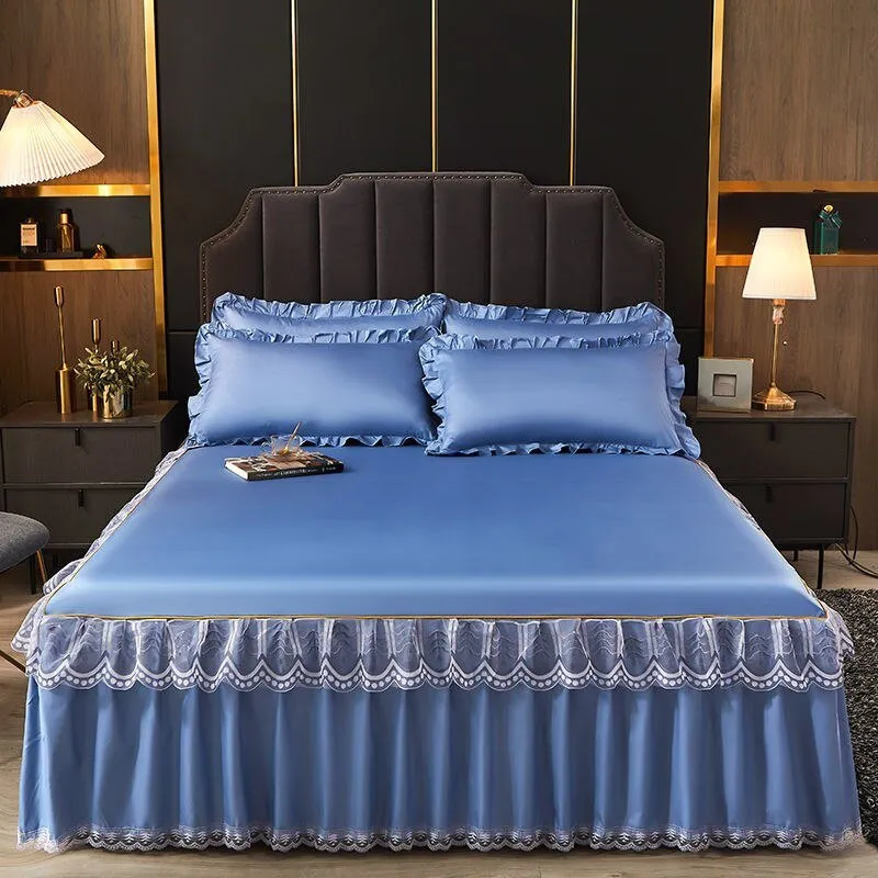 3 Pcs Smooth Elegant Bed Spread Solid Colour Bed Skirt Polyester Cotton King Queen Size with Pillowcases