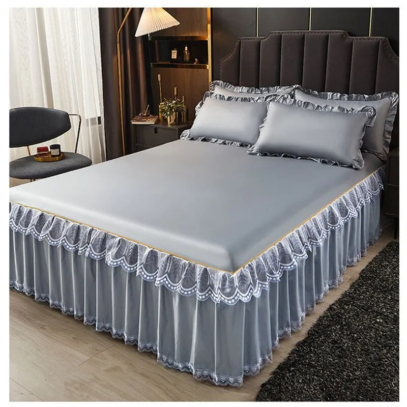 3 Pcs Smooth Elegant Bed Spread Solid Colour Bed Skirt Polyester Cotton King Queen Size with Pillowcases