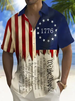 Alohadaddy Holiday Men's Independence Day Flag 1776 Printed Casual Breathable Short Sleeve Patriotic Shirt Big Tall