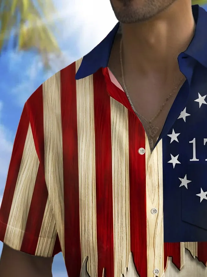 Alohadaddy Holiday Men's Independence Day Flag 1776 Printed Casual Breathable Short Sleeve Patriotic Shirt Big Tall
