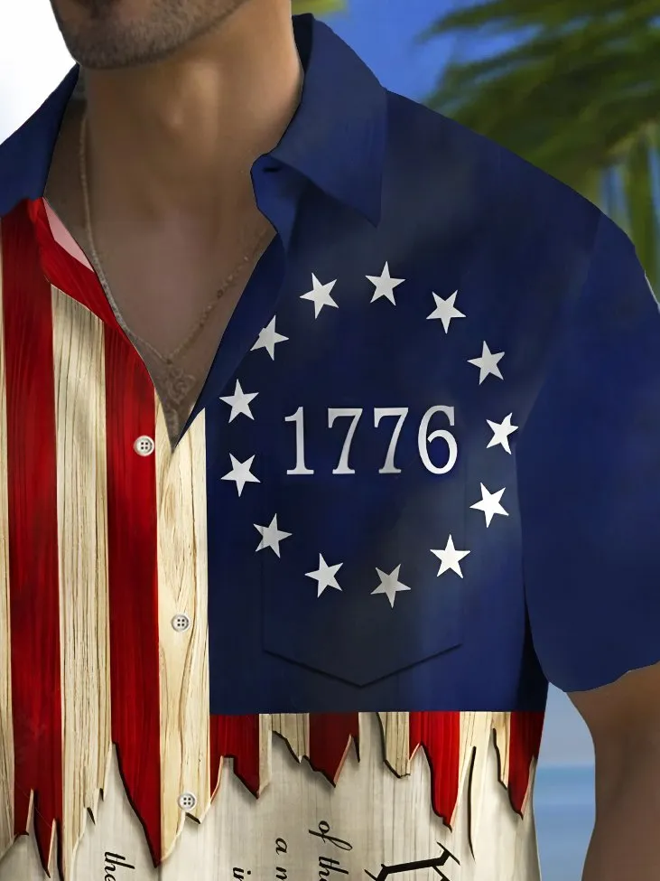 Alohadaddy Holiday Men's Independence Day Flag 1776 Printed Casual Breathable Short Sleeve Patriotic Shirt Big Tall