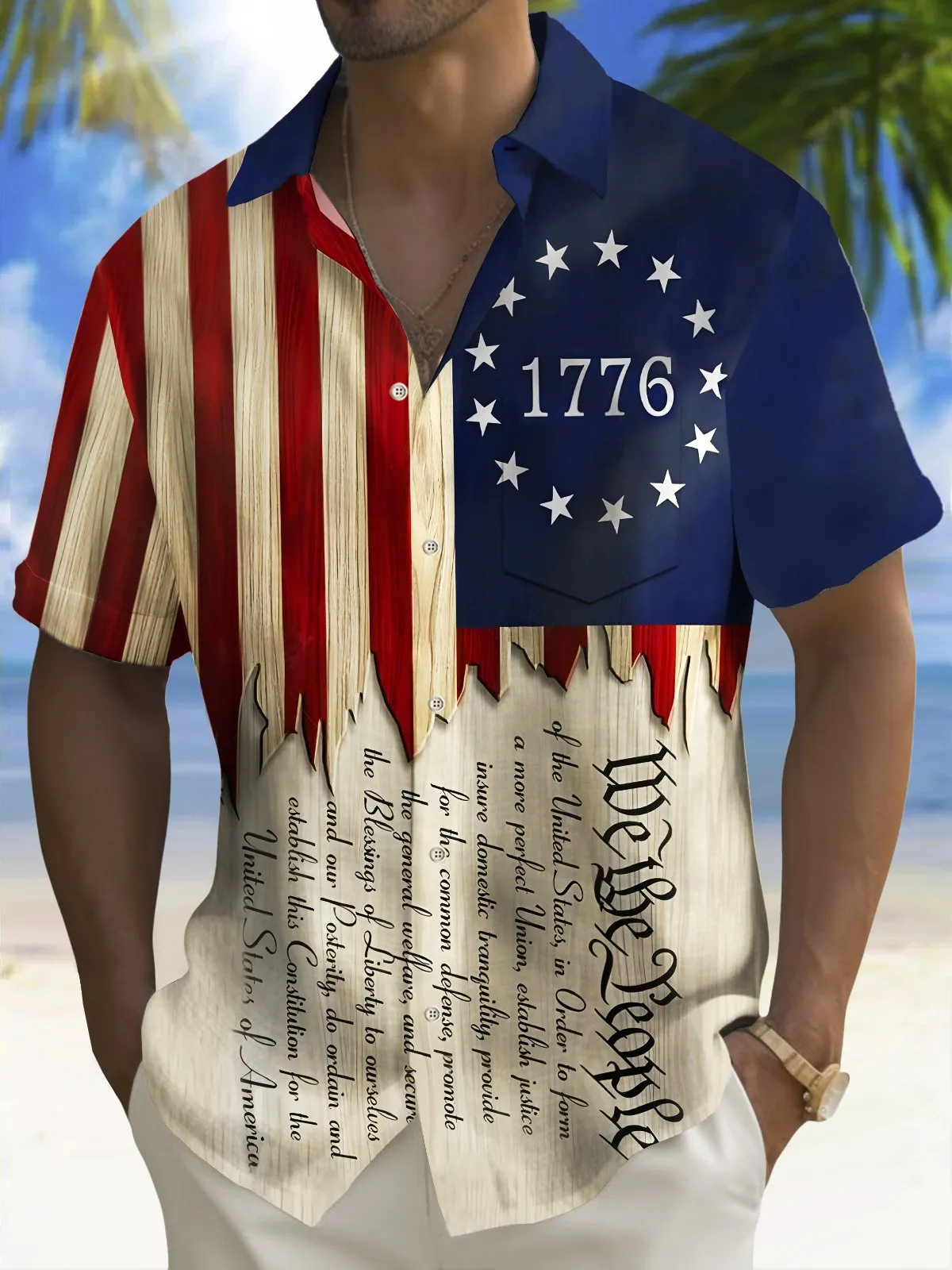 Alohadaddy Holiday Men's Independence Day Flag 1776 Printed Casual Breathable Short Sleeve Patriotic Shirt Big Tall