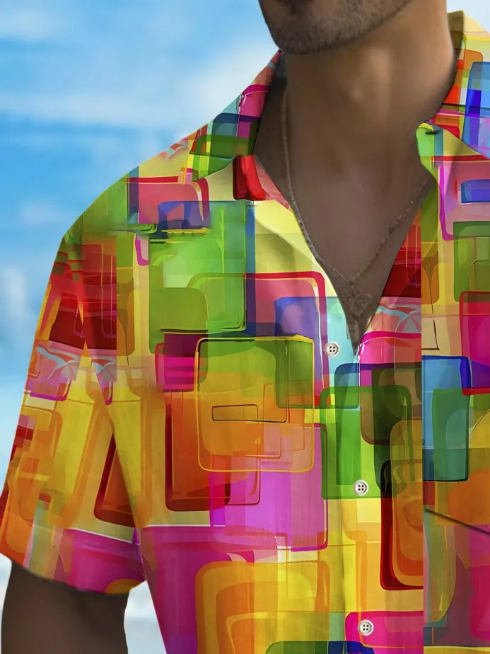 Alohadaddy Holiday Men's Pride Month Rainbow Color Geometric Print Casual Breathable Short Sleeve Shirt Big Tall