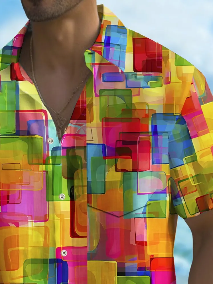 Alohadaddy Holiday Men's Pride Month Rainbow Color Geometric Print Casual Breathable Short Sleeve Shirt Big Tall