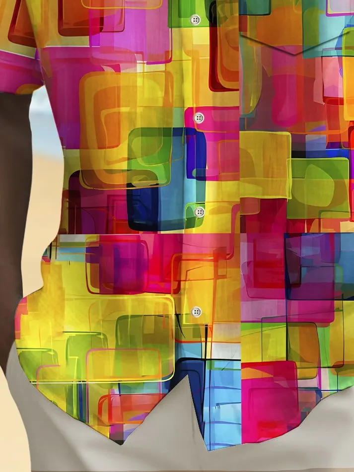 Alohadaddy Holiday Men's Pride Month Rainbow Color Geometric Print Casual Breathable Short Sleeve Shirt Big Tall