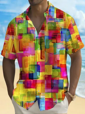 Alohadaddy Holiday Men's Pride Month Rainbow Color Geometric Print Casual Breathable Short Sleeve Shirt Big Tall