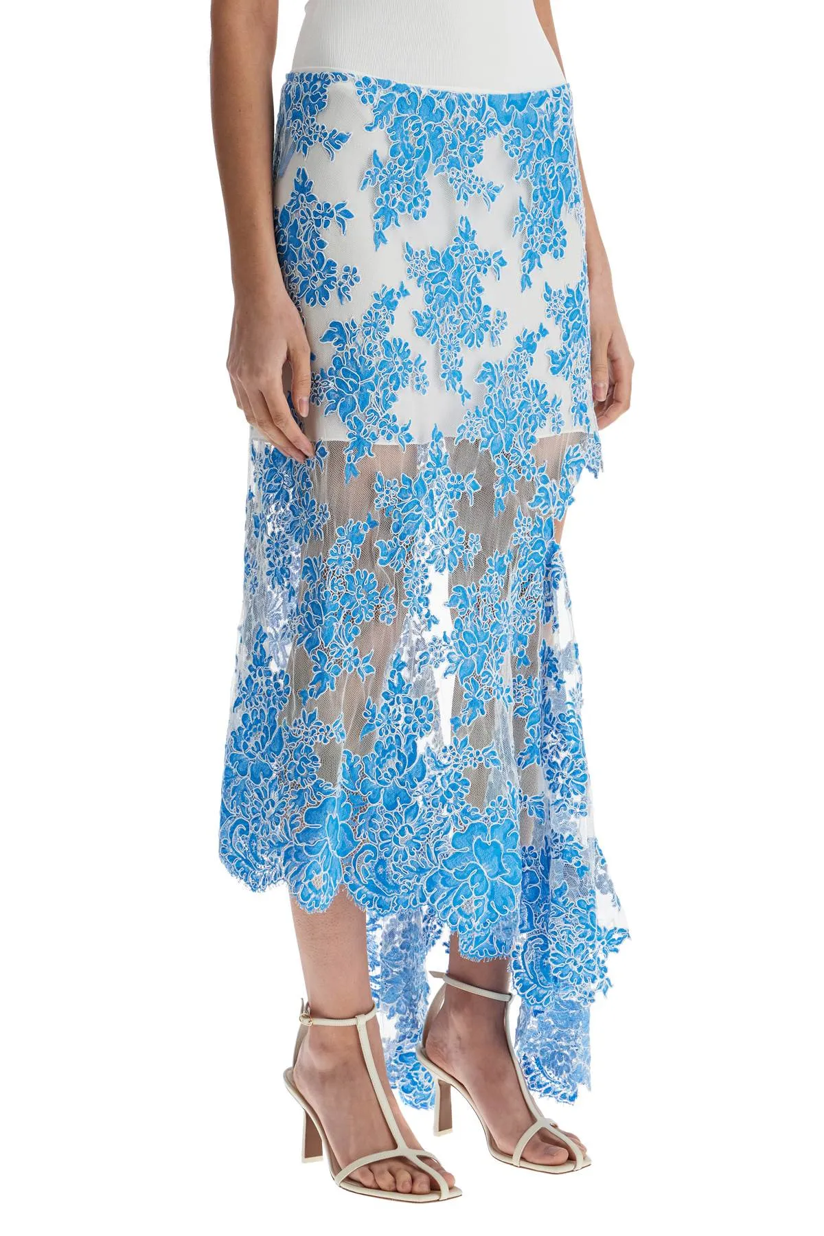 asymmetrical blue floral cotton lace skirt