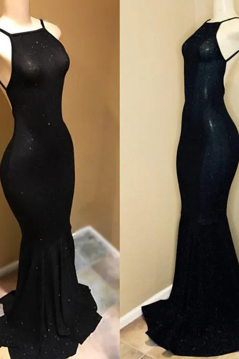 Backless black prom dress, sequins evening gowns
