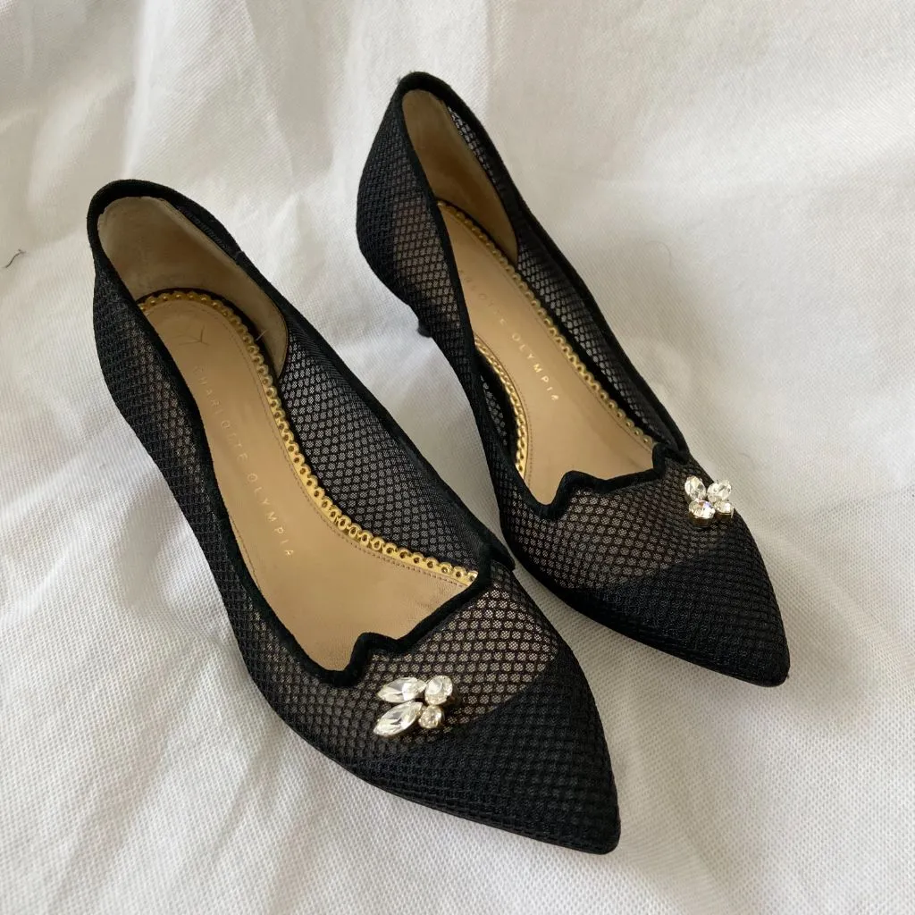 Charlotte Olympia black knitted mesh mid heel pumps, 37