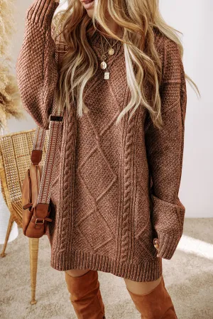 Coffee Cable Knit Drop Shoulder Loose Fit Sweater Dress
