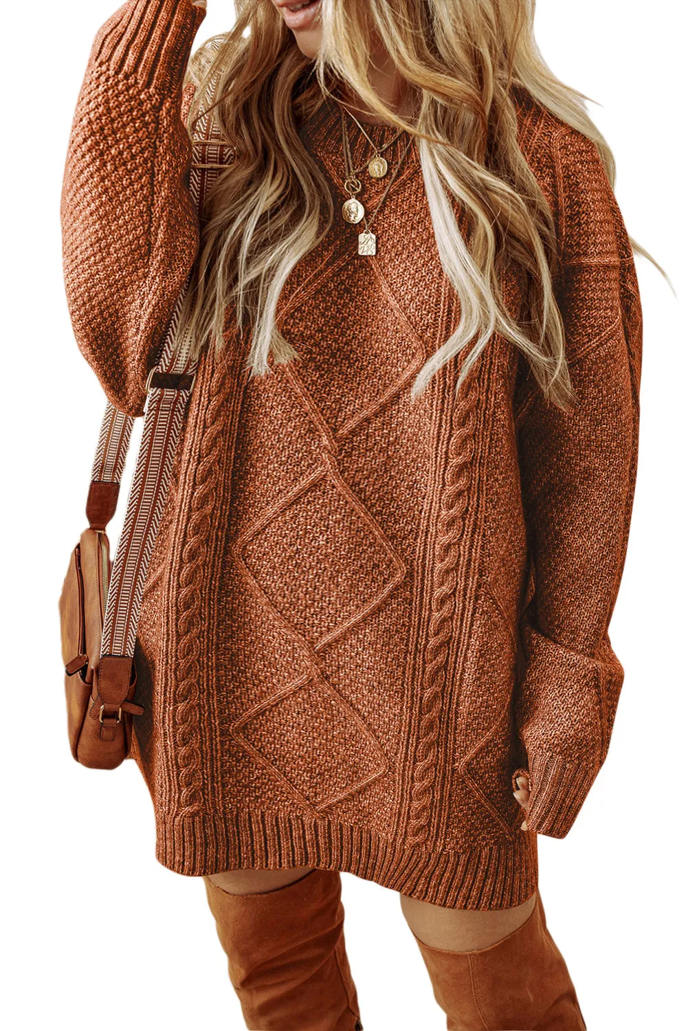Coffee Cable Knit Drop Shoulder Loose Fit Sweater Dress