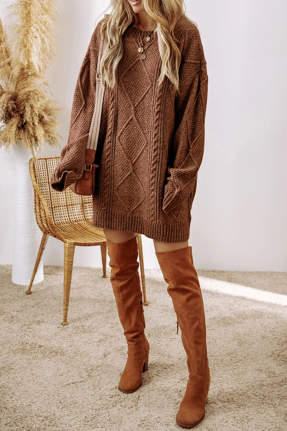 Coffee Cable Knit Drop Shoulder Loose Fit Sweater Dress