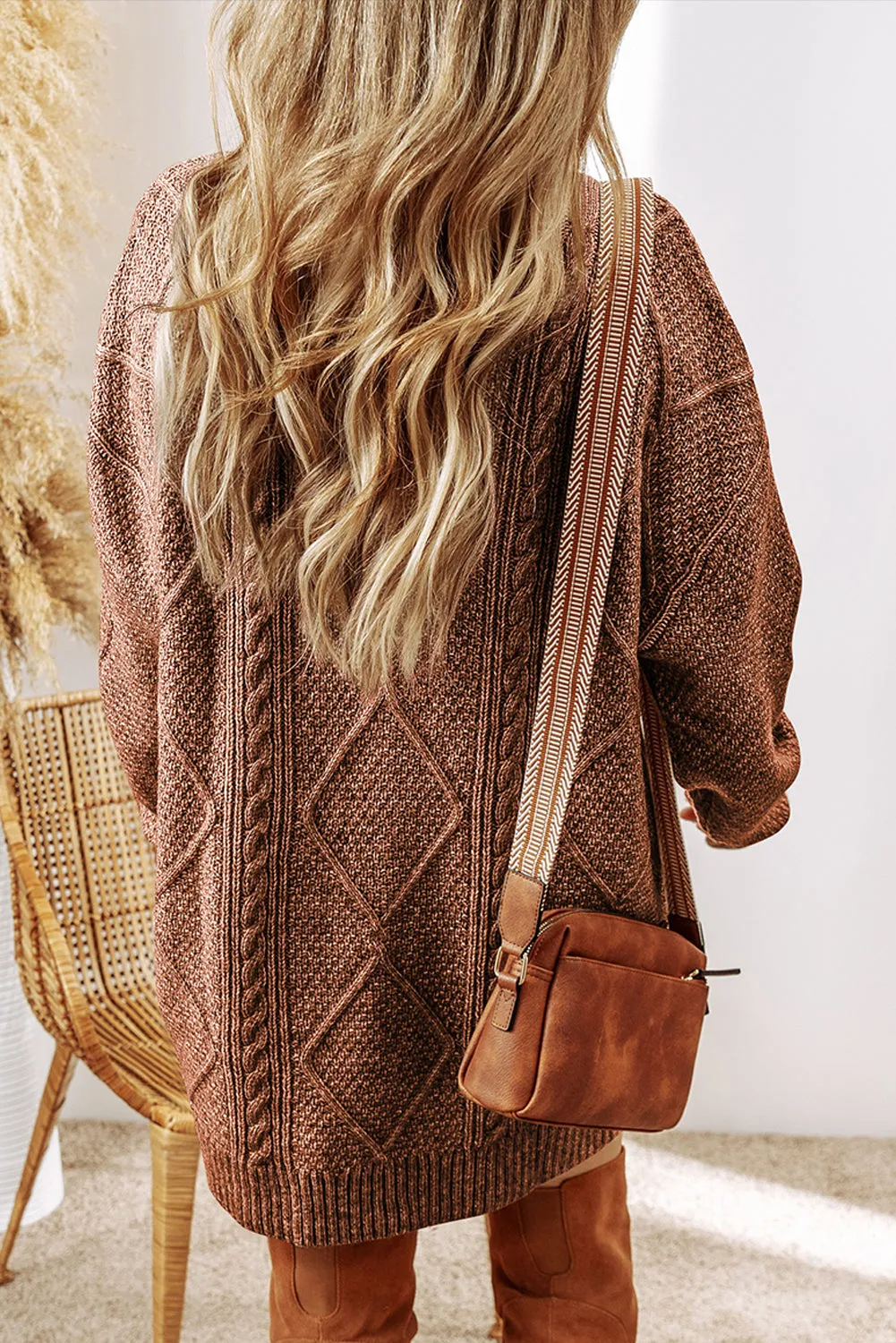 Coffee Cable Knit Drop Shoulder Loose Fit Sweater Dress