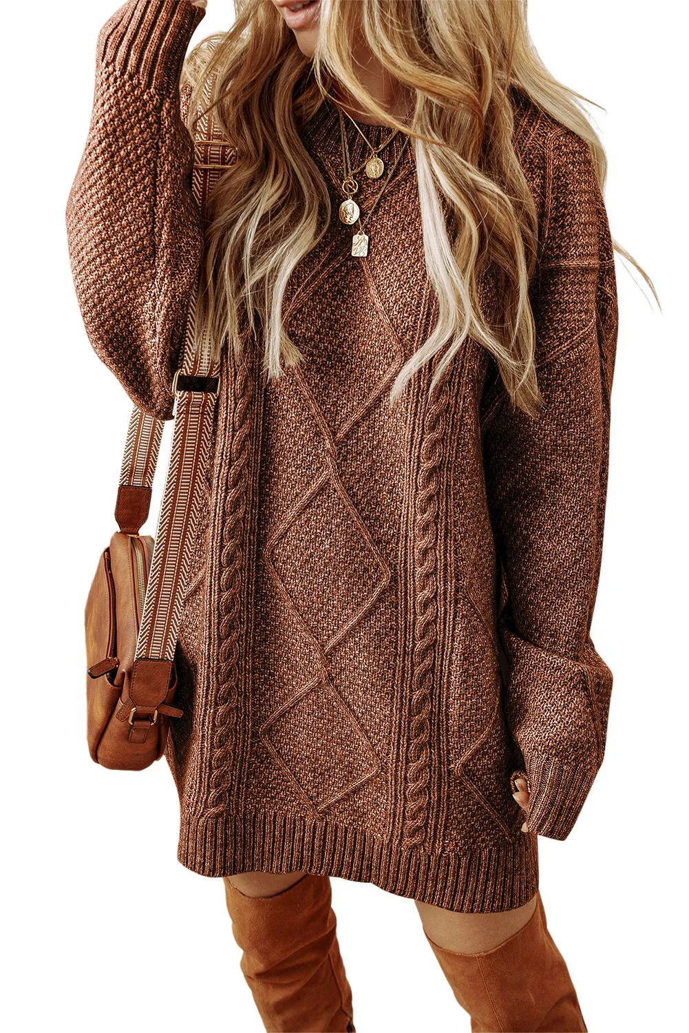 Coffee Cable Knit Drop Shoulder Loose Fit Sweater Dress