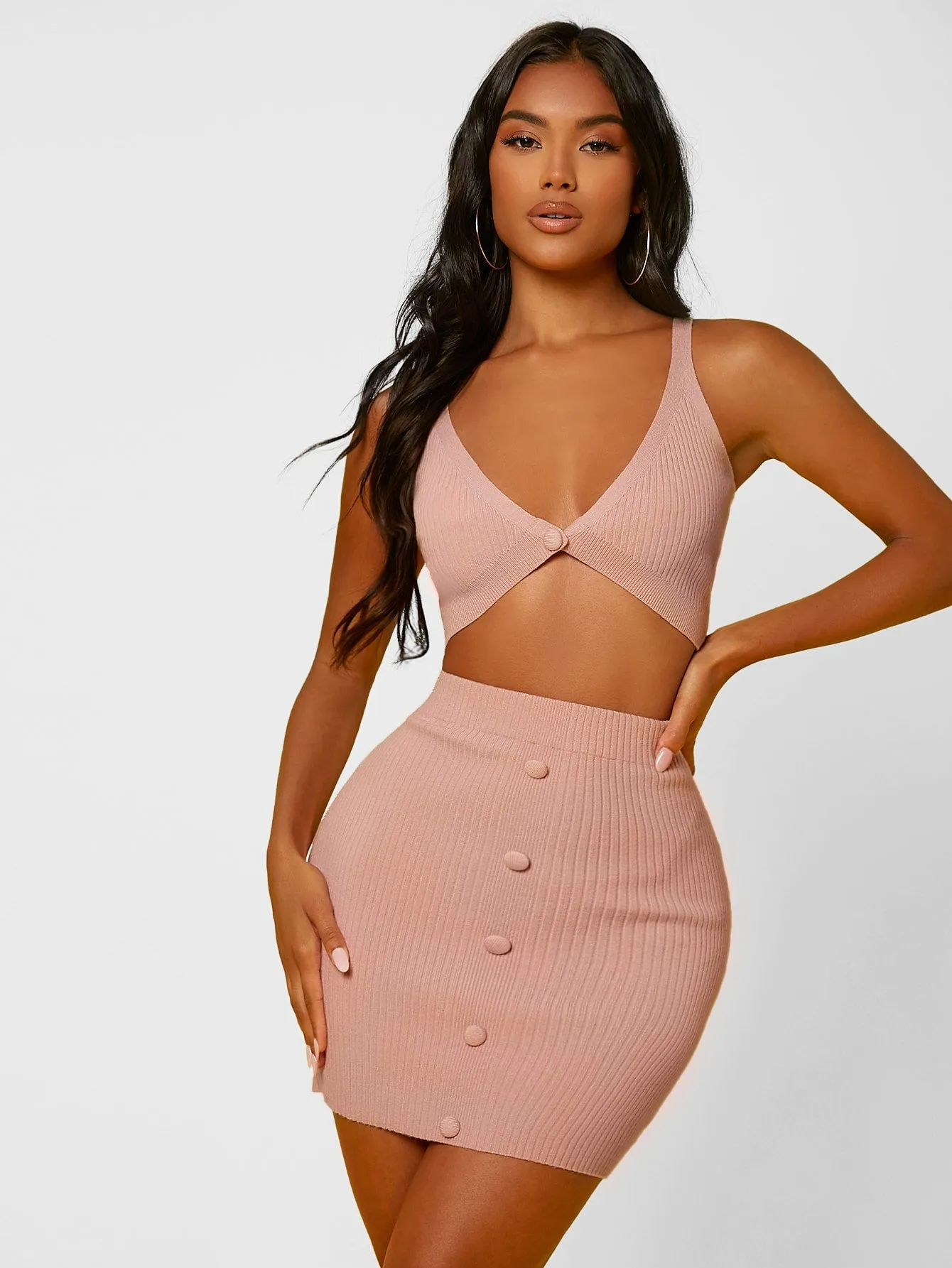 Coral Pink Button Front Rib Knit Slim Fit Skirt