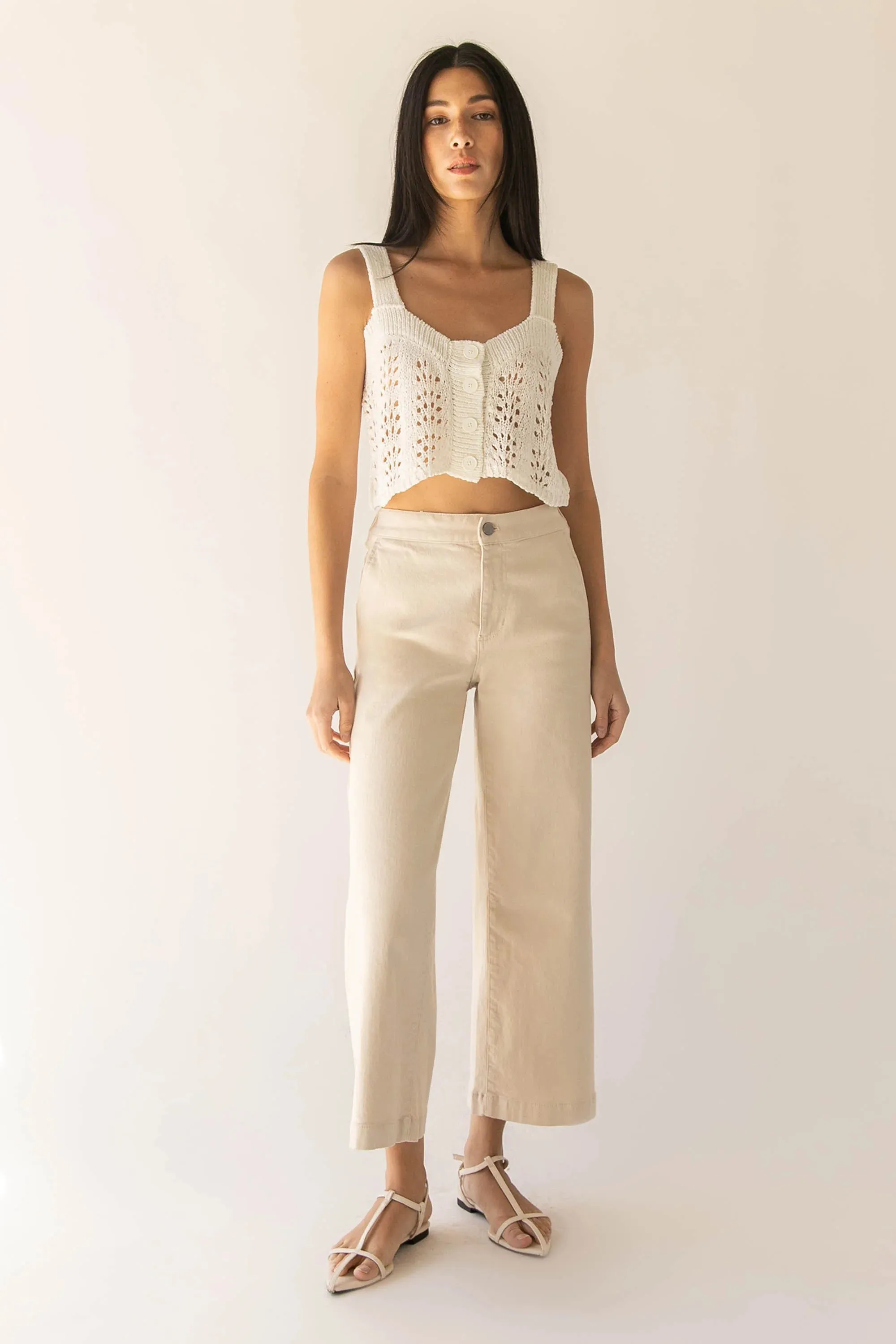 Cropped Twill Wide Leg Pant