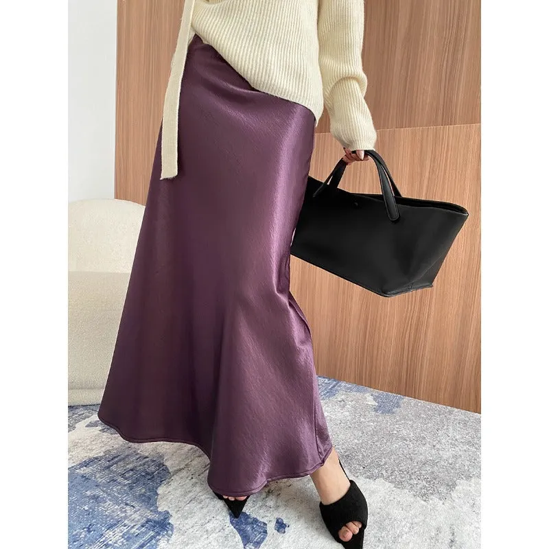 Elegant Fleece lined High Waist Draping Satin Skirt