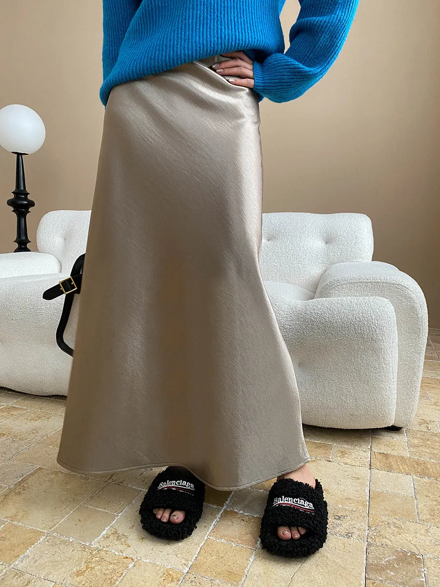 Elegant Fleece lined High Waist Draping Satin Skirt