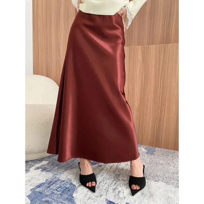 Elegant Fleece lined High Waist Draping Satin Skirt