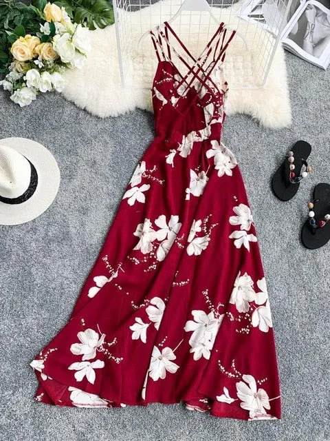 FTLZZ 2020 Women Floral Print Dress Summer Sexy V-neck Backless Long Dresses Female Elegant Bohemian Party Dress Vestido