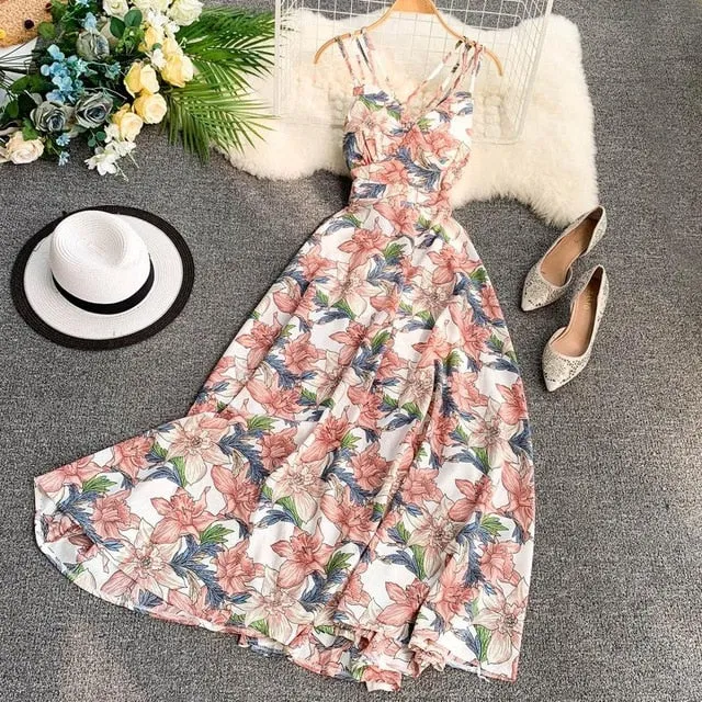 FTLZZ 2020 Women Floral Print Dress Summer Sexy V-neck Backless Long Dresses Female Elegant Bohemian Party Dress Vestido