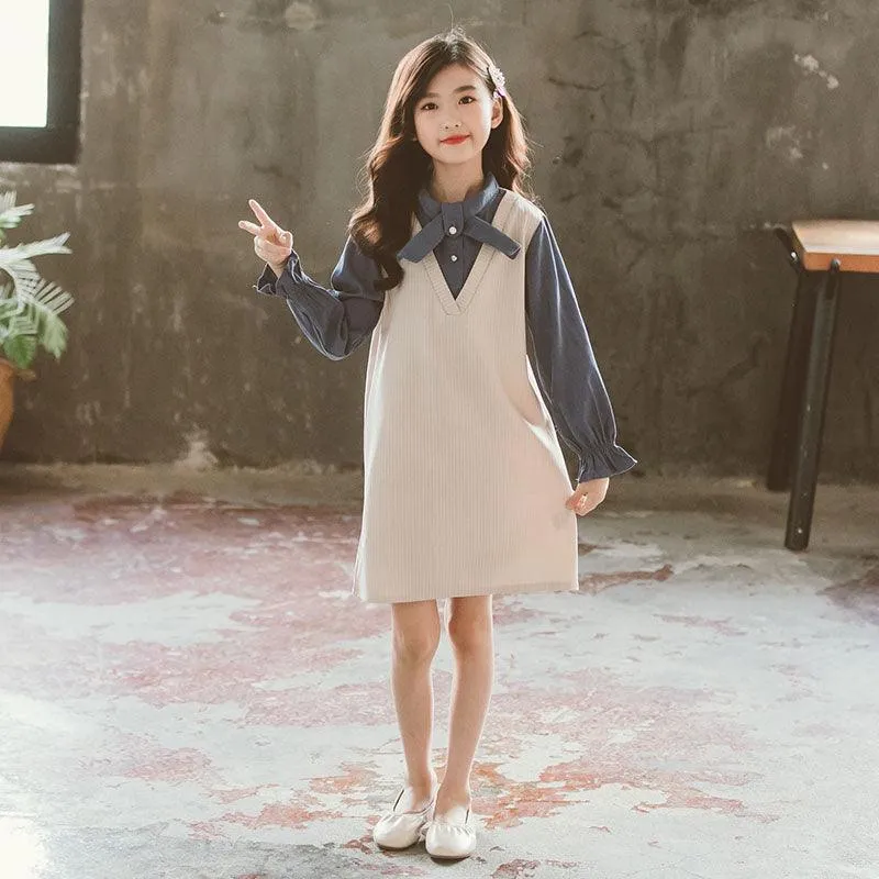 Girls' Dresses Big Children's Fake Two Fashionable Western Styles