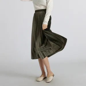 Gold Skirt Women Pleated A-Line High Waist Mid-Length Slim Look Elegant Flare Skirt