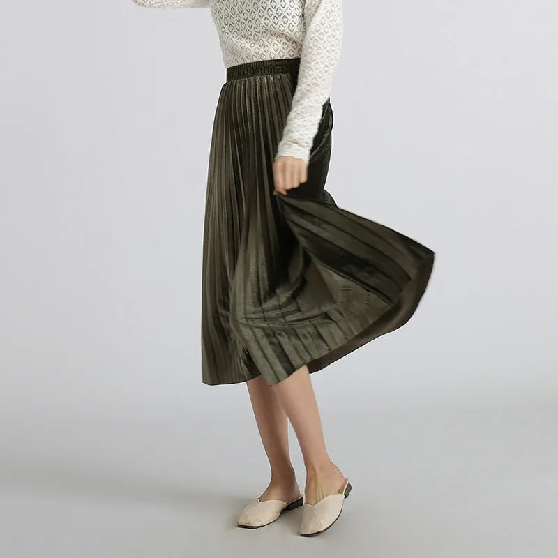 Gold Skirt Women Pleated A-Line High Waist Mid-Length Slim Look Elegant Flare Skirt