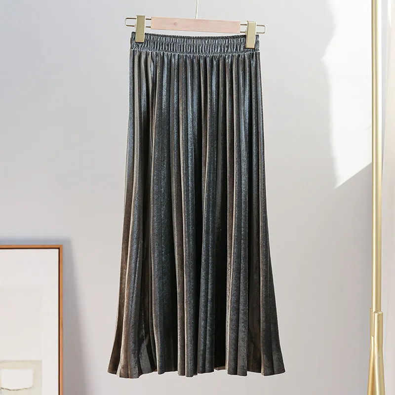 Gold Skirt Women Pleated A-Line High Waist Mid-Length Slim Look Elegant Flare Skirt