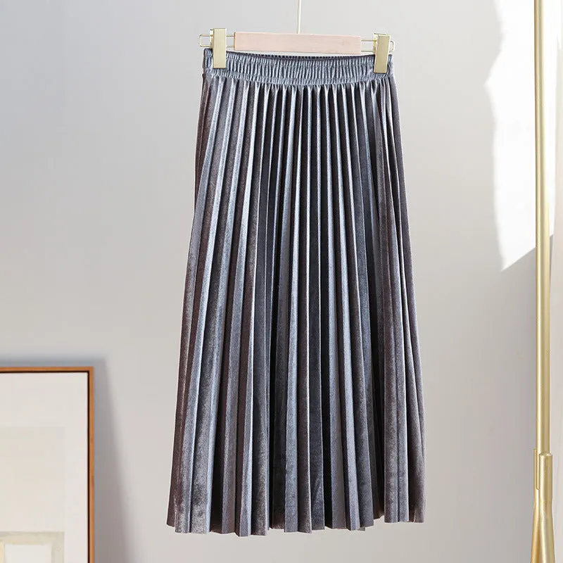 Gold Skirt Women Pleated A-Line High Waist Mid-Length Slim Look Elegant Flare Skirt
