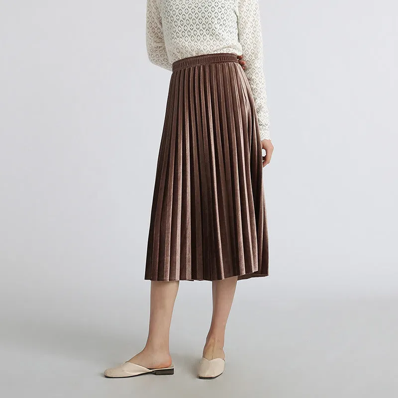Gold Skirt Women Pleated A-Line High Waist Mid-Length Slim Look Elegant Flare Skirt