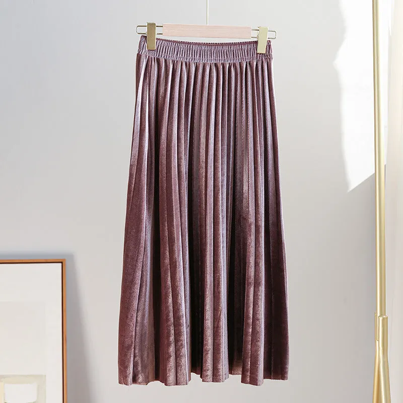 Gold Skirt Women Pleated A-Line High Waist Mid-Length Slim Look Elegant Flare Skirt