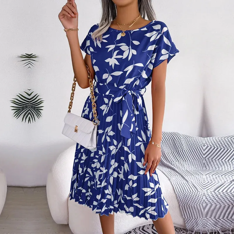 Lady Glams Women Spring Summer Short Sleeve High Waist Chic Dress - Fashion Floral Pleated A-Line Long Dress