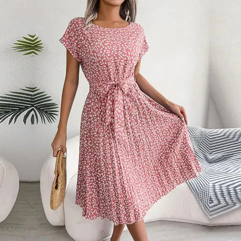 Lady Glams Women Spring Summer Short Sleeve High Waist Chic Dress - Fashion Floral Pleated A-Line Long Dress