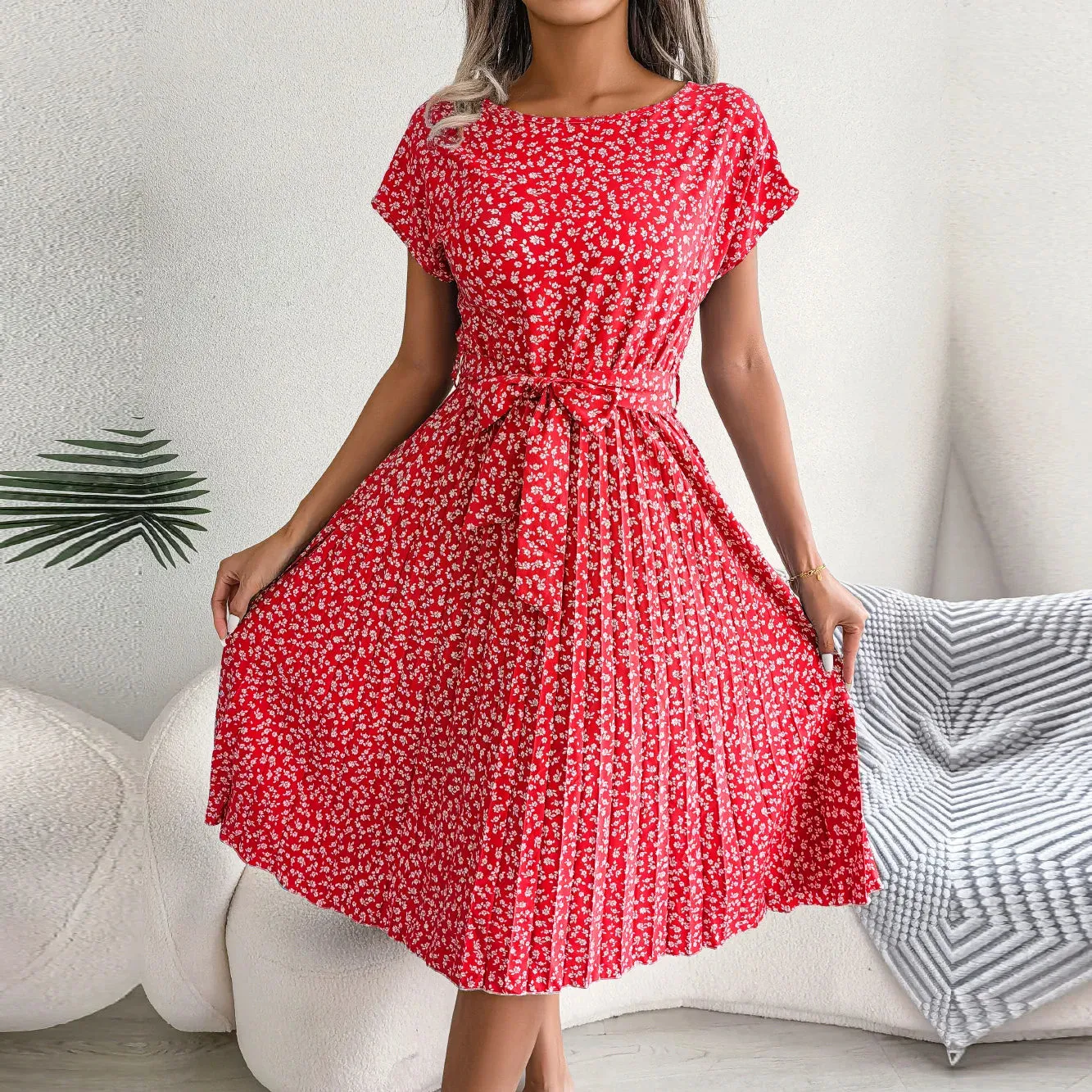 Lady Glams Women Spring Summer Short Sleeve High Waist Chic Dress - Fashion Floral Pleated A-Line Long Dress