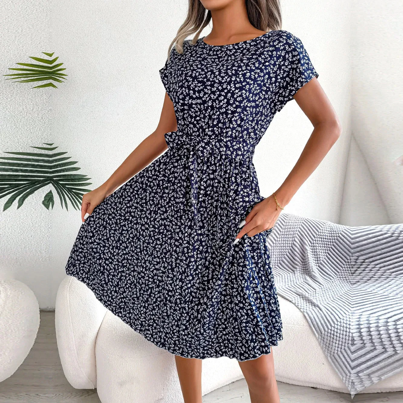 Lady Glams Women Spring Summer Short Sleeve High Waist Chic Dress - Fashion Floral Pleated A-Line Long Dress