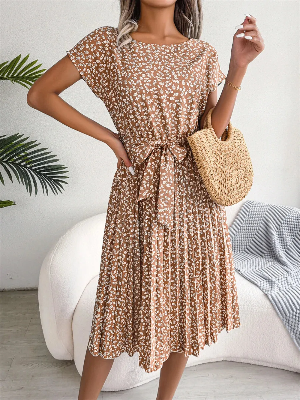 Lady Glams Women Spring Summer Short Sleeve High Waist Chic Dress - Fashion Floral Pleated A-Line Long Dress