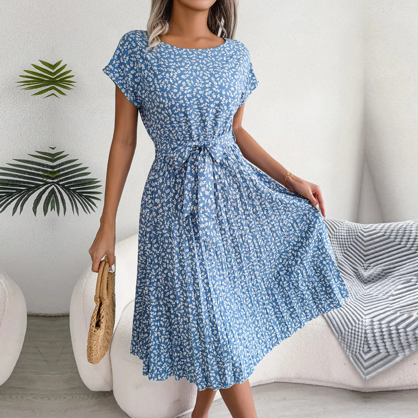 Lady Glams Women Spring Summer Short Sleeve High Waist Chic Dress - Fashion Floral Pleated A-Line Long Dress
