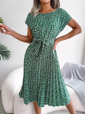 Lady Glams Women Spring Summer Short Sleeve High Waist Chic Dress - Fashion Floral Pleated A-Line Long Dress