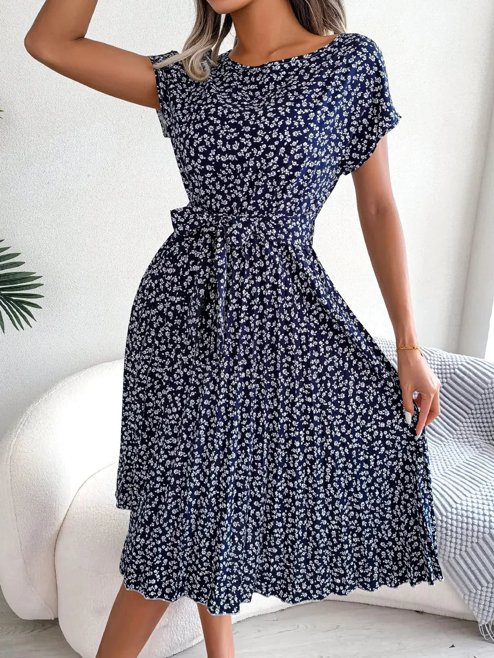 Lady Glams Women Spring Summer Short Sleeve High Waist Chic Dress - Fashion Floral Pleated A-Line Long Dress