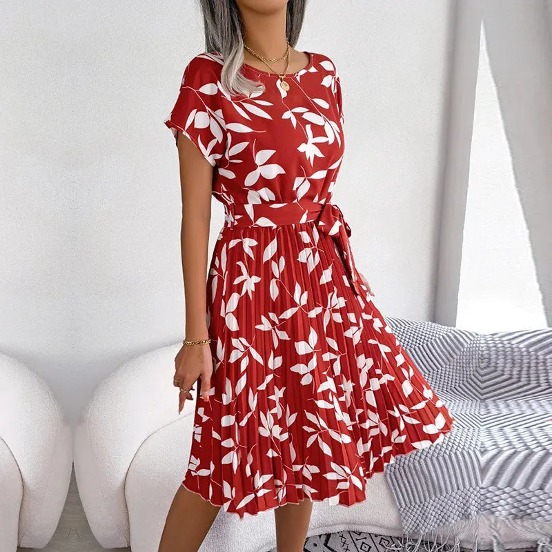 Lady Glams Women Spring Summer Short Sleeve High Waist Chic Dress - Fashion Floral Pleated A-Line Long Dress