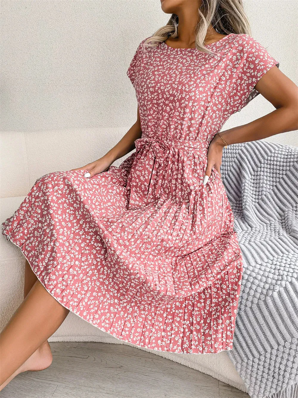 Lady Glams Women Spring Summer Short Sleeve High Waist Chic Dress - Fashion Floral Pleated A-Line Long Dress