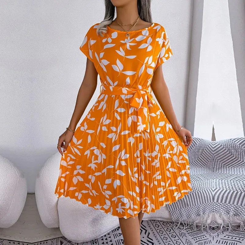 Lady Glams Women Spring Summer Short Sleeve High Waist Chic Dress - Fashion Floral Pleated A-Line Long Dress