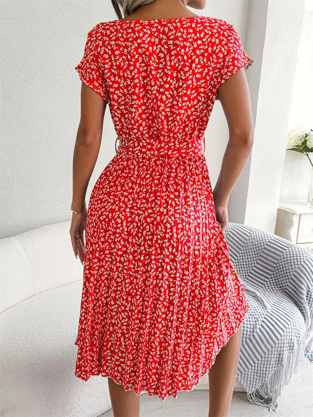 Lady Glams Women Spring Summer Short Sleeve High Waist Chic Dress - Fashion Floral Pleated A-Line Long Dress