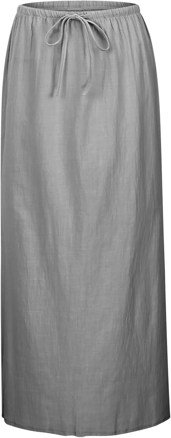Linen Maxi Skirts for Women Trendy Summer Comfy Drawstring Waist A Line Skirts 2025 Vacation Boho Long Flowy Skirts