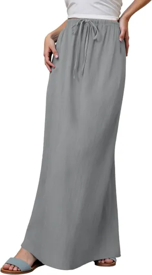 Linen Maxi Skirts for Women Trendy Summer Comfy Drawstring Waist A Line Skirts 2025 Vacation Boho Long Flowy Skirts