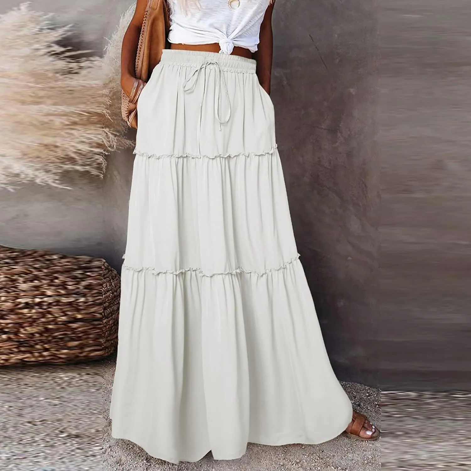Long Skirts for Women Trendy Womens Boho Maxi Skirt Elastic High Waist Pleated Ruffle Flowy Long Skirts White Skirt S-XL