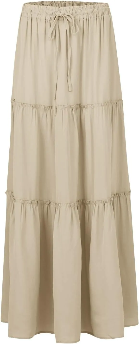 Long Skirts for Women Trendy Womens Boho Maxi Skirt Elastic High Waist Pleated Ruffle Flowy Long Skirts White Skirt S-XL