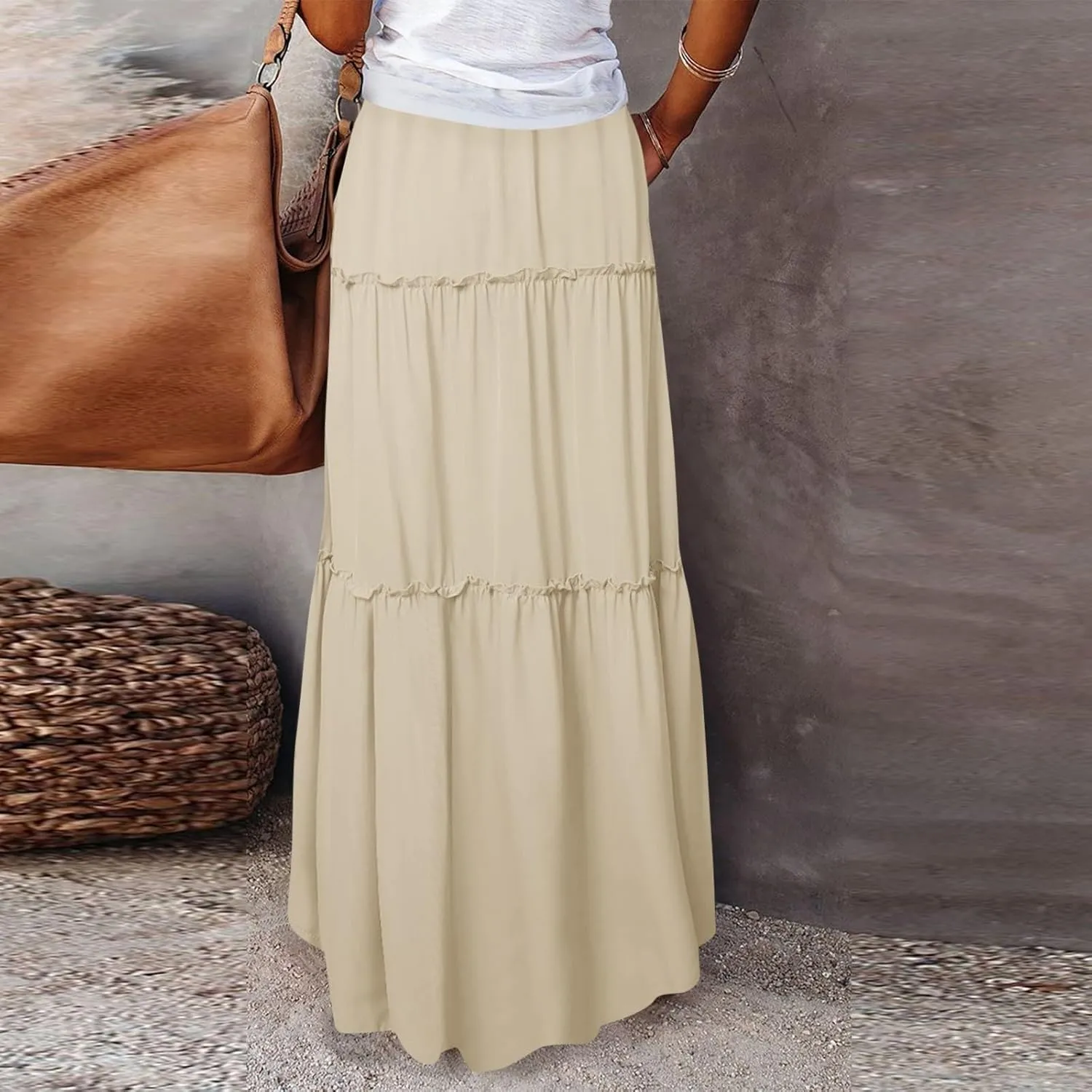 Long Skirts for Women Trendy Womens Boho Maxi Skirt Elastic High Waist Pleated Ruffle Flowy Long Skirts White Skirt S-XL